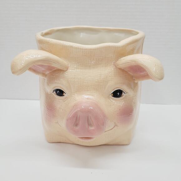 Handpainted Ceramic Smiling Pig Flowerpot Canister Vase Rosie Cheeks Texture '91 - Picture 1 of 12